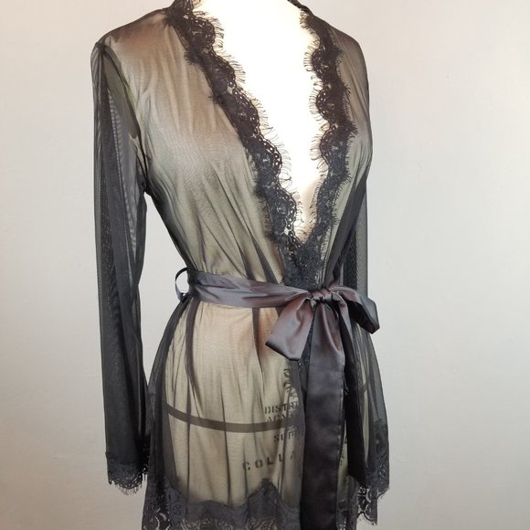 Oh La La Cheri Paris Romantic Sheer Black Lace Robe Women's Size Small / Medium - Picture 5 of 10